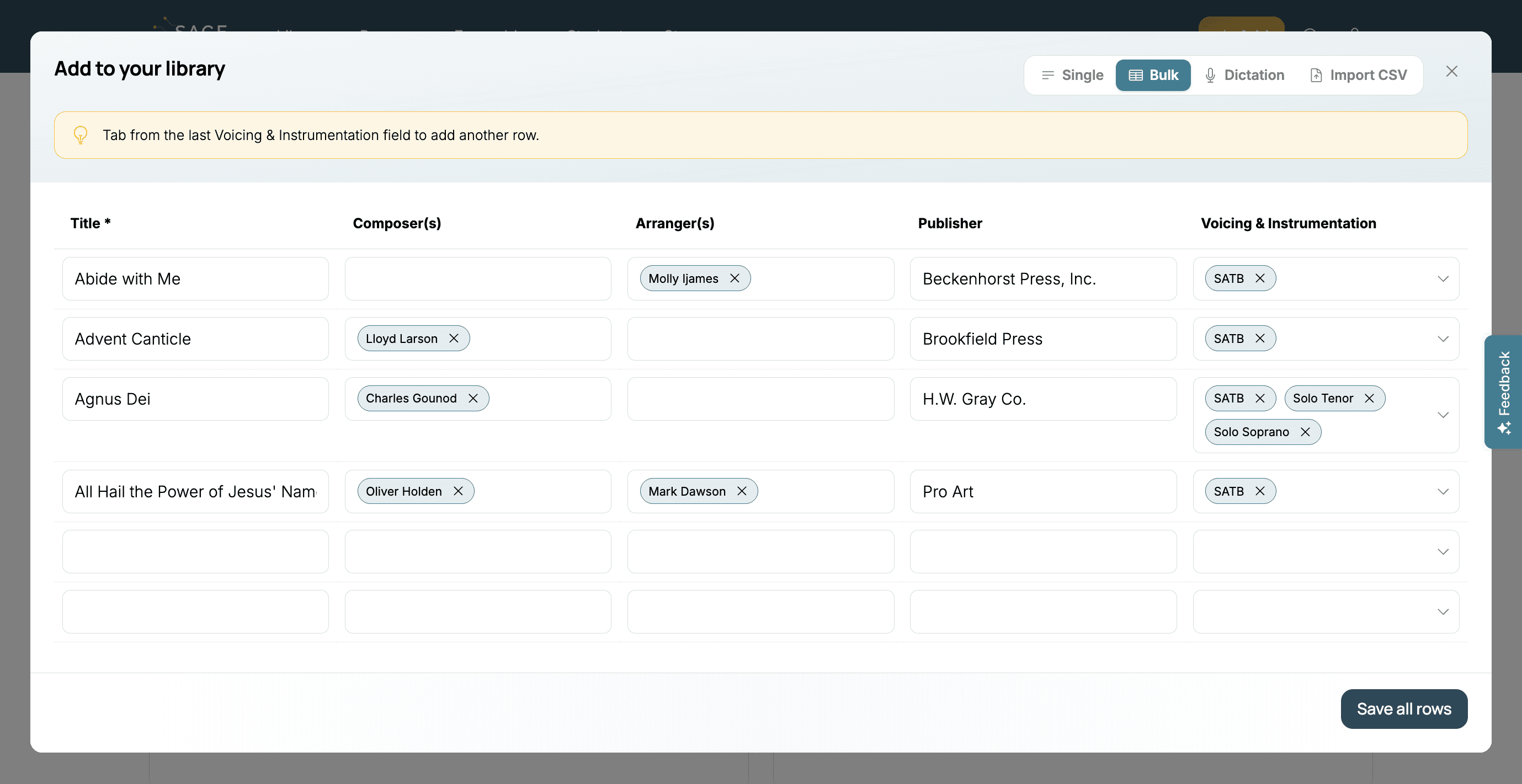 Sage Score Bulk Entry workflow showing multiple choral pieces being added to the Dover music library
