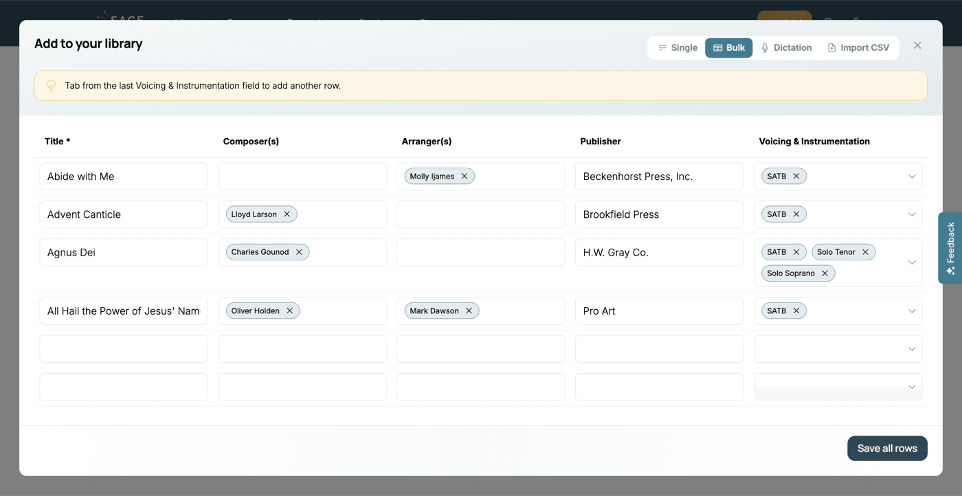 Sage Score Bulk Entry workflow showing multiple choral pieces being added to the Dover music library